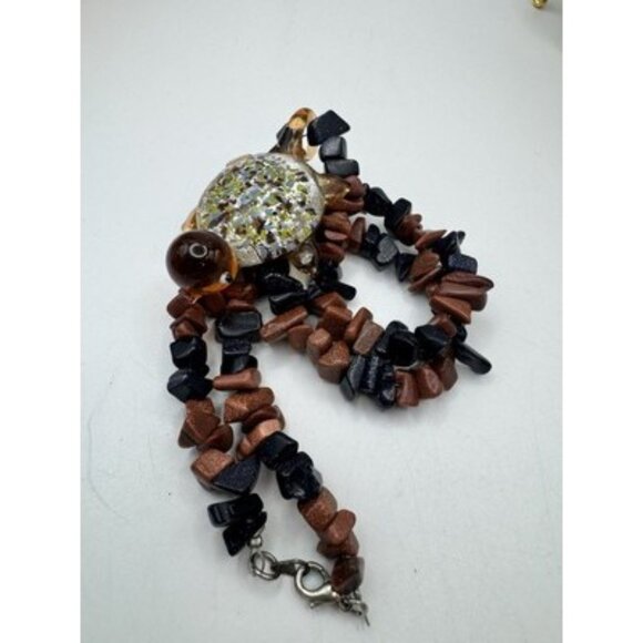 Golden And Black Rain Stone Necklace And Tortoise Murano Art Pendant Pretty - Picture 7 of 9